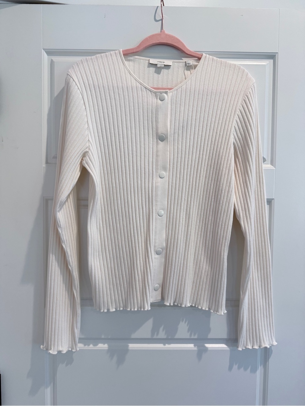 Vince Cream Ribbed Snap-Front Crew Cardigan